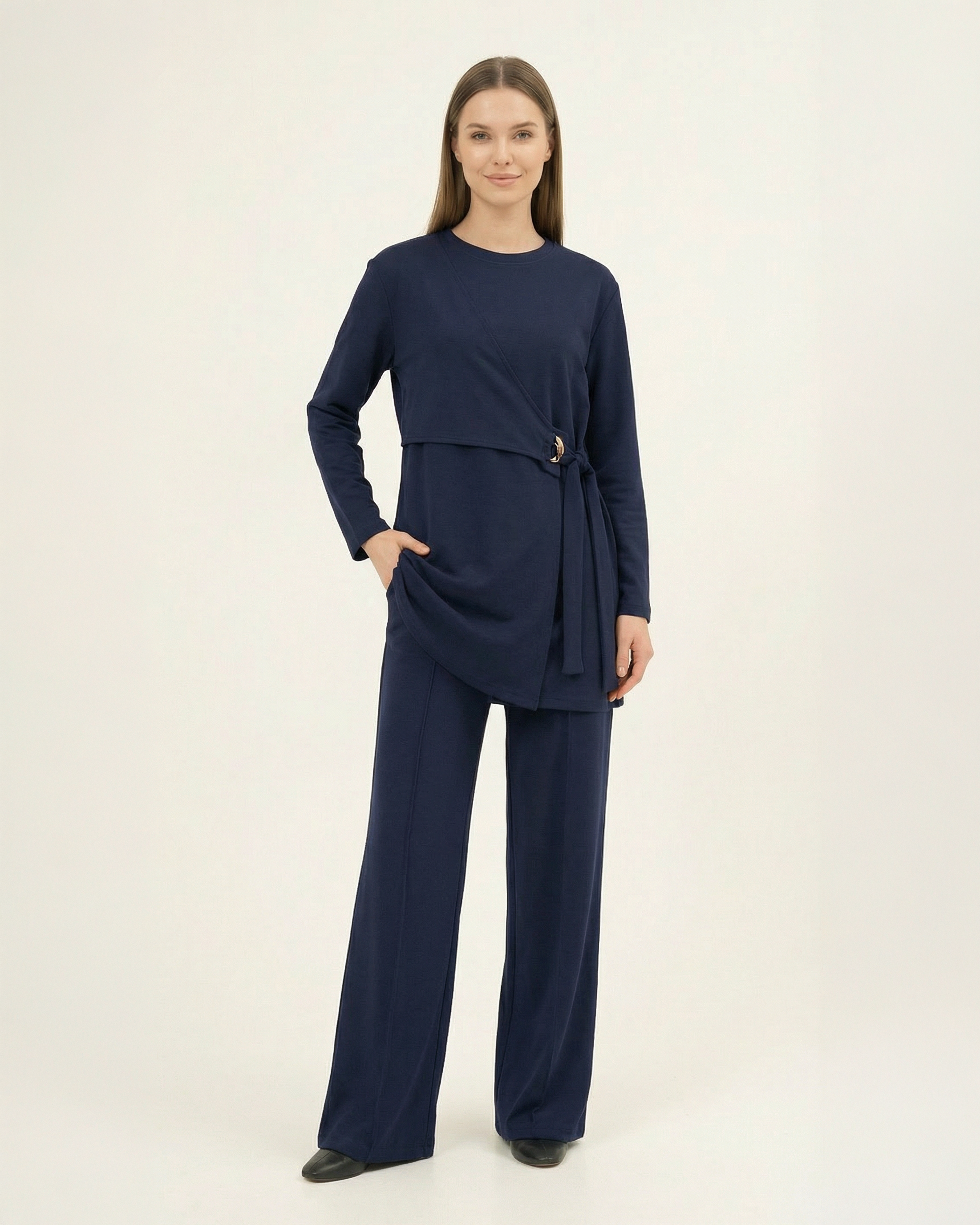 Asimetrik Kesim Toka Detaylı Nervürlü Kadın İkili Takım