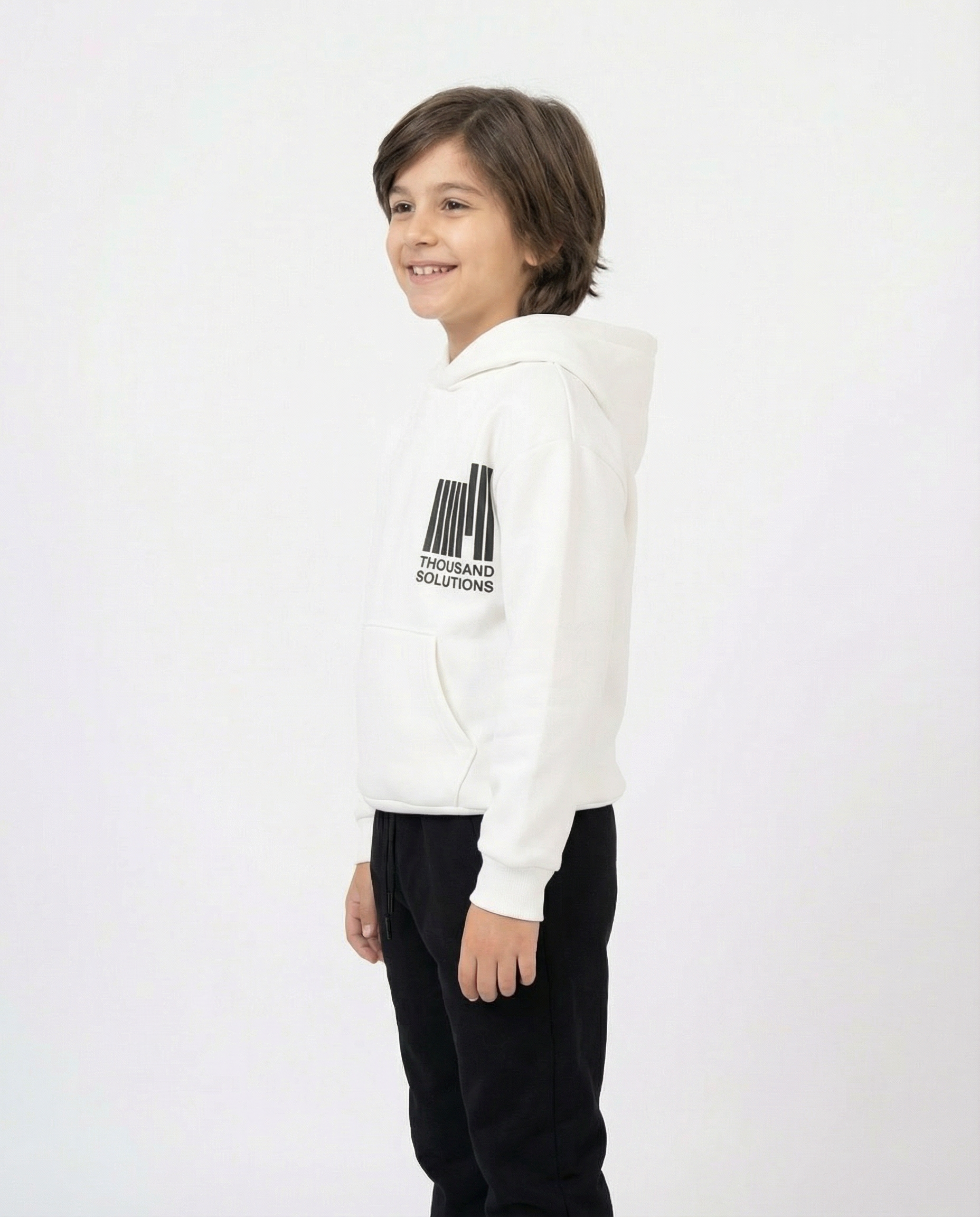 Baskılı Kanguru Cepli Beyaz Erkek Çocuk Kapüşonlu Takım