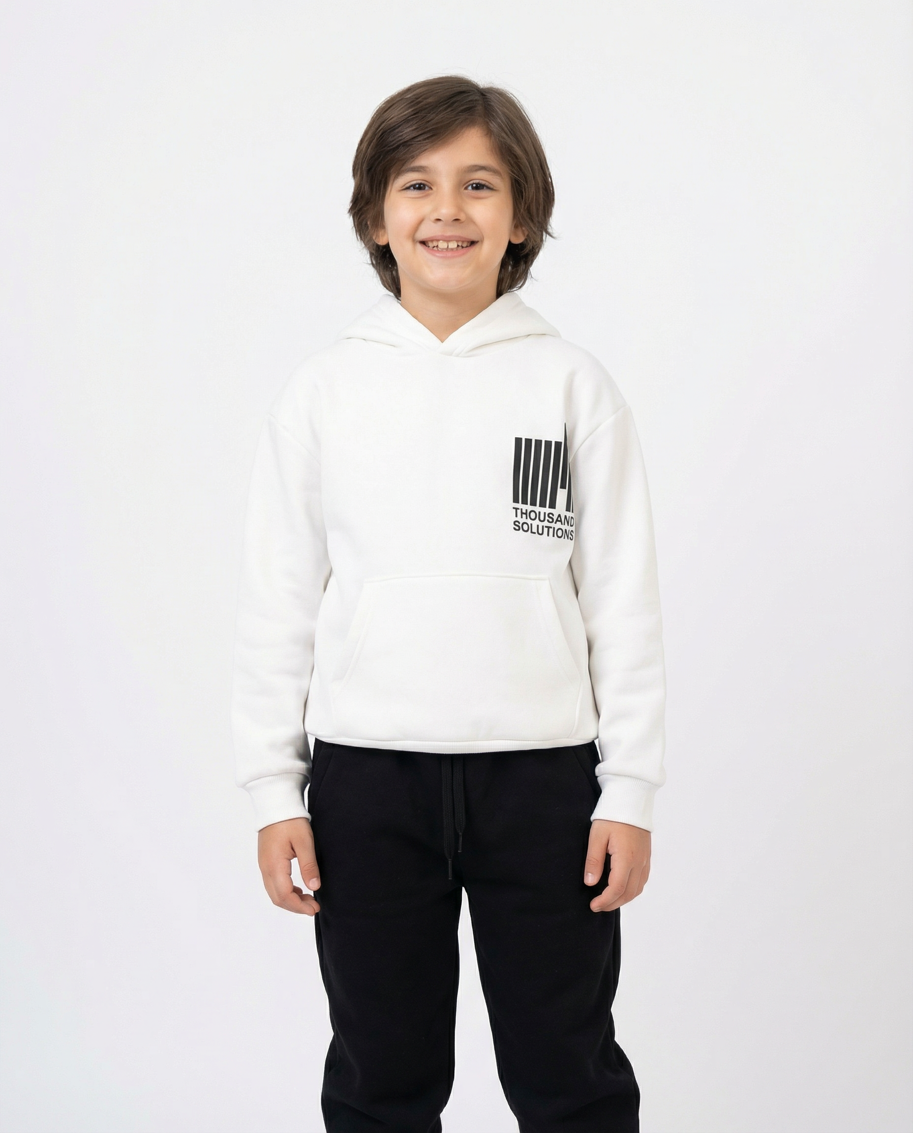 Baskılı Kanguru Cepli Beyaz Erkek Çocuk Kapüşonlu Takım