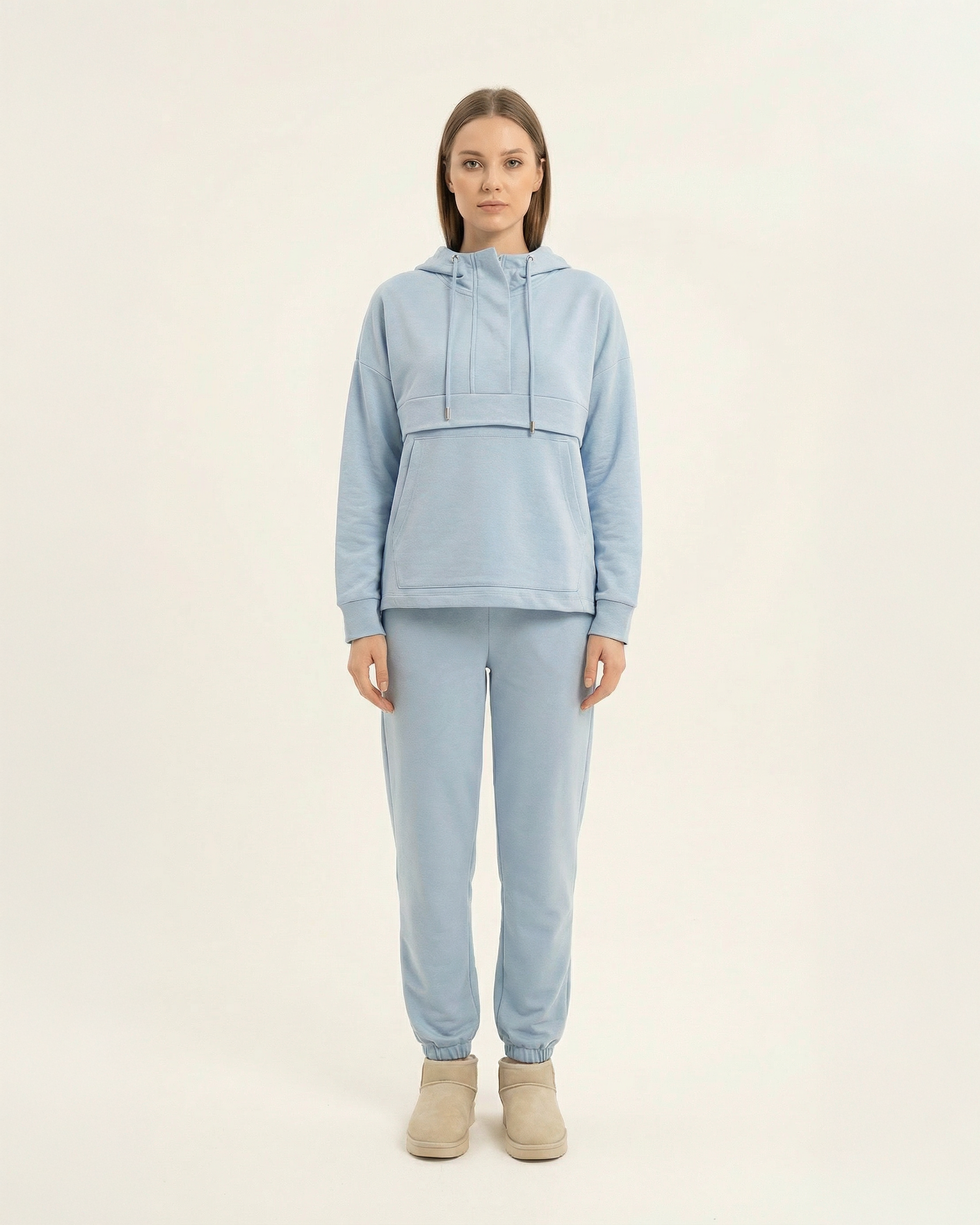 Kadın Kapüşonlu Kanguru Cepli Yarım Fermuarlı Eşofman Takımı