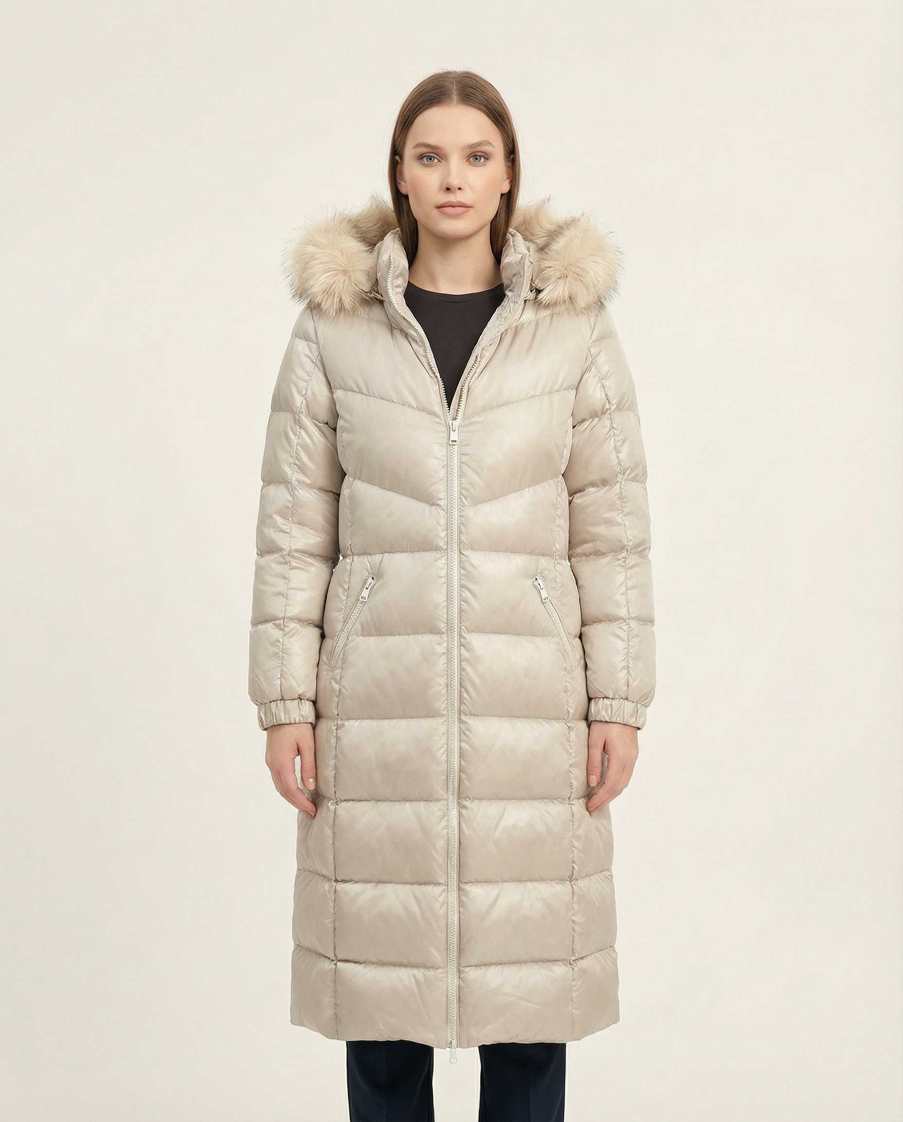 Kadın Kürklü Kapüşonlu Kemerli Uzun Şişme Mont