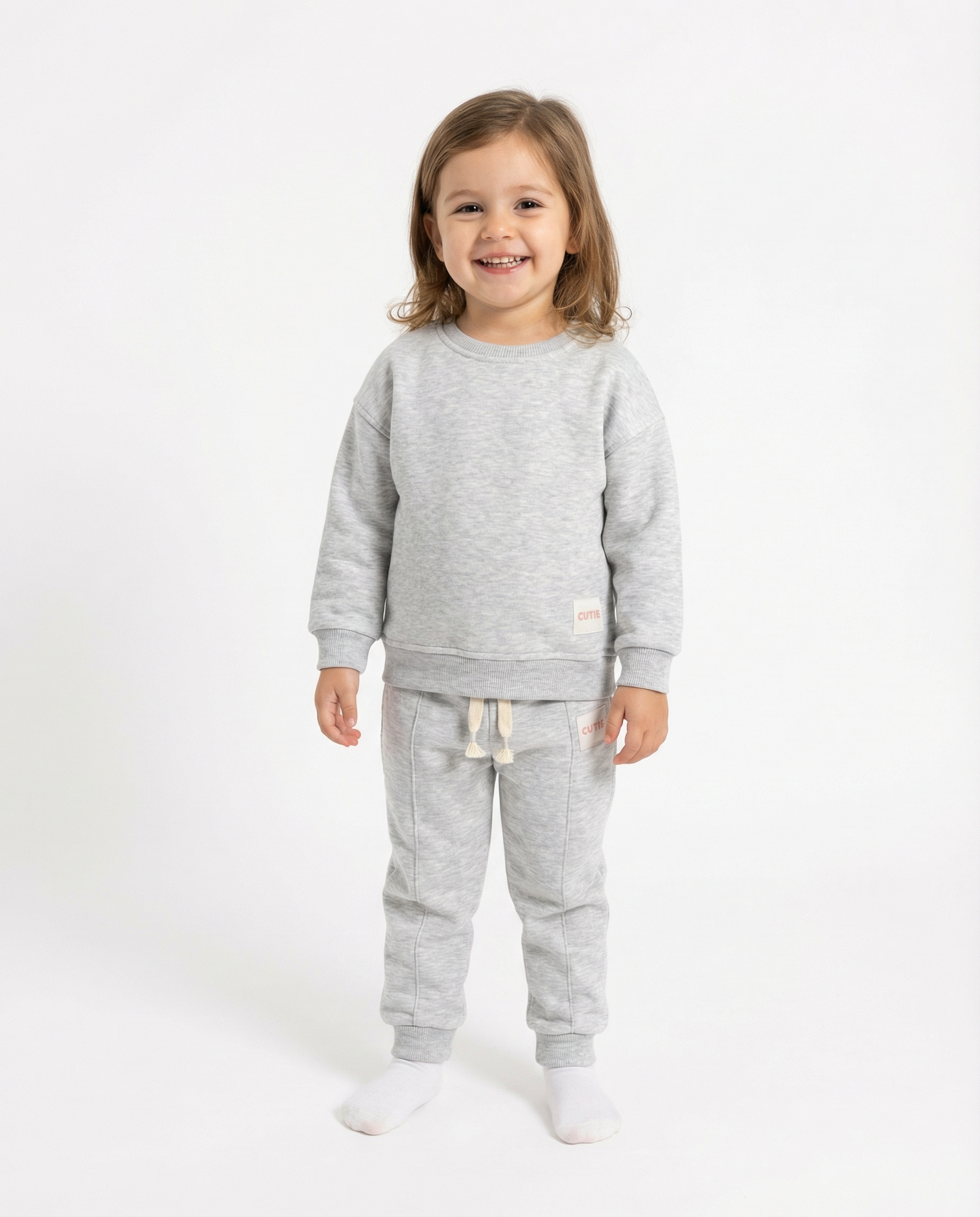Kız Çocuk Gri Bisiklet Yaka Pamuklu Eşofman Takımı