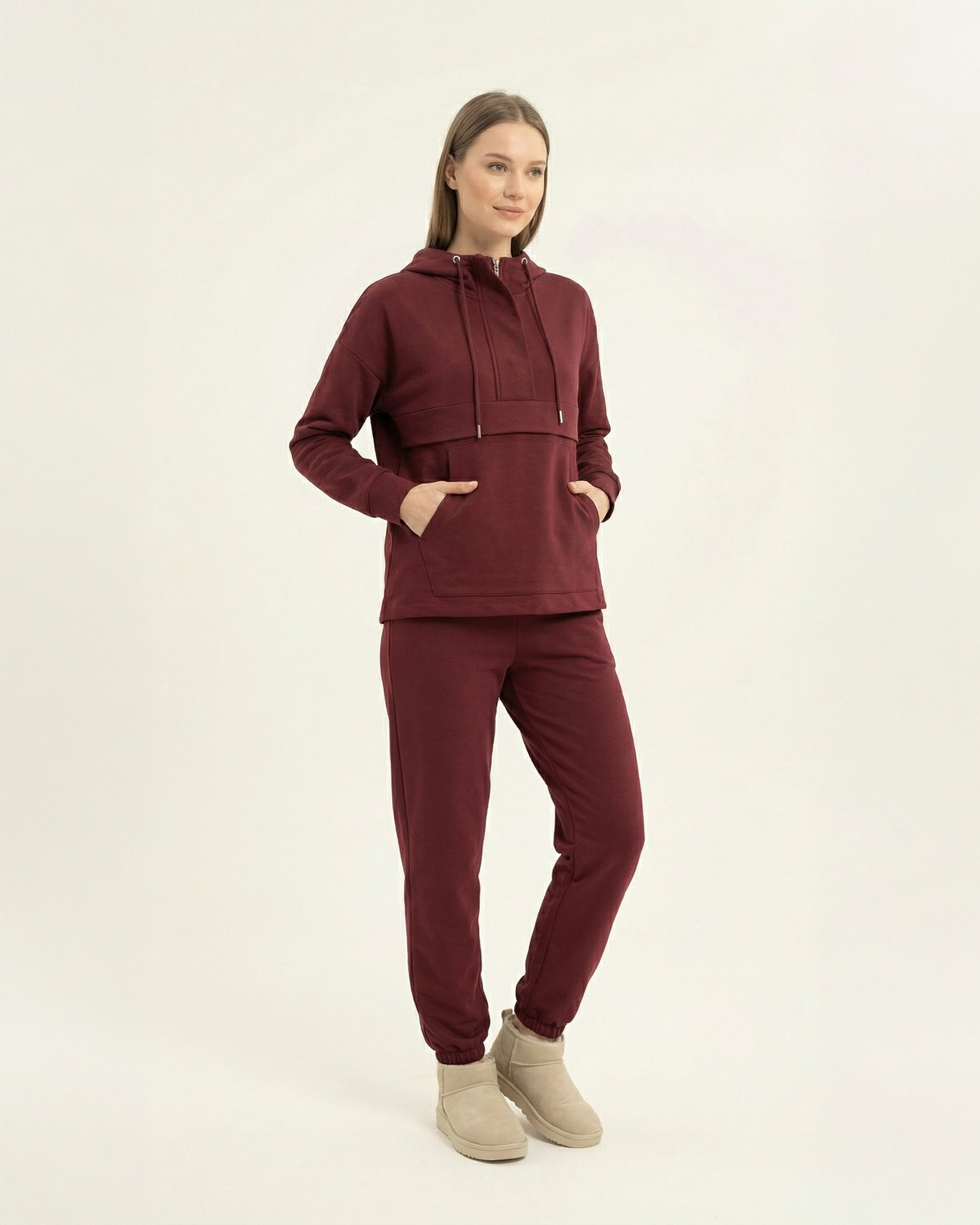 Kadın Kapüşonlu Kanguru Cepli Yarım Fermuarlı Eşofman Takımı