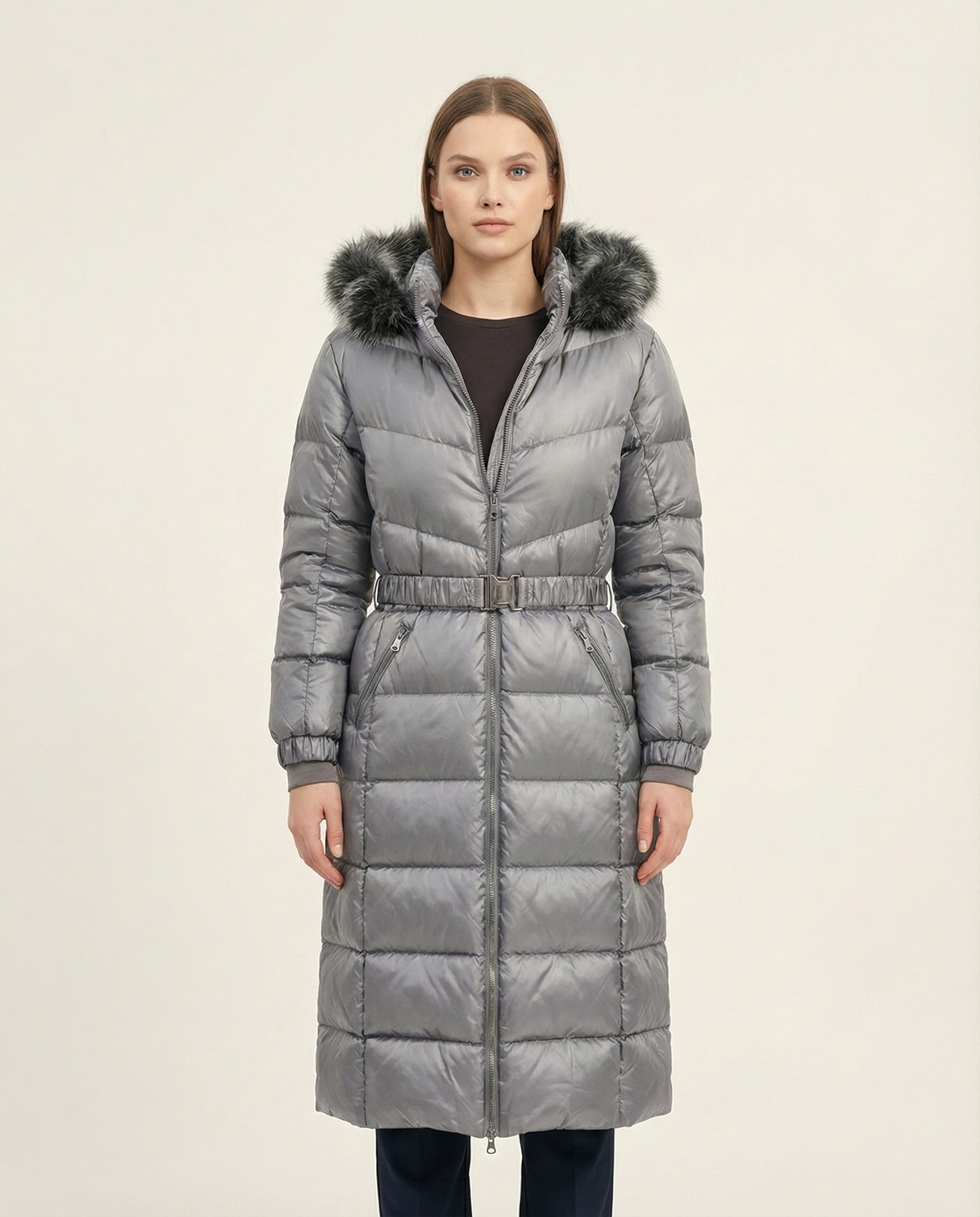 Kadın Kürklü Kapüşonlu Kemerli Uzun Şişme Mont