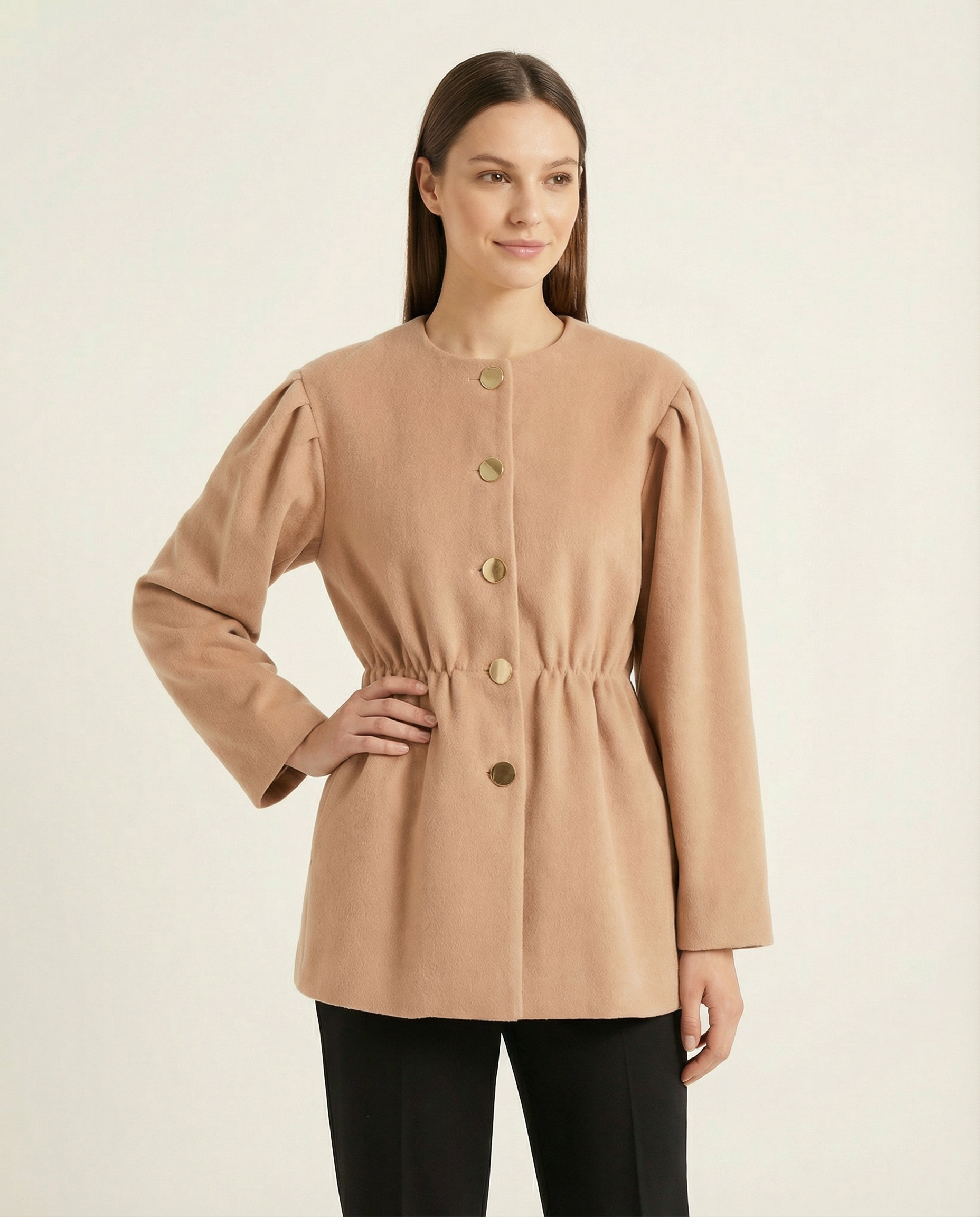 Gold Düğmeli Beli Büzgülü Bisiklet Yaka Kadın Kaşe Ceket