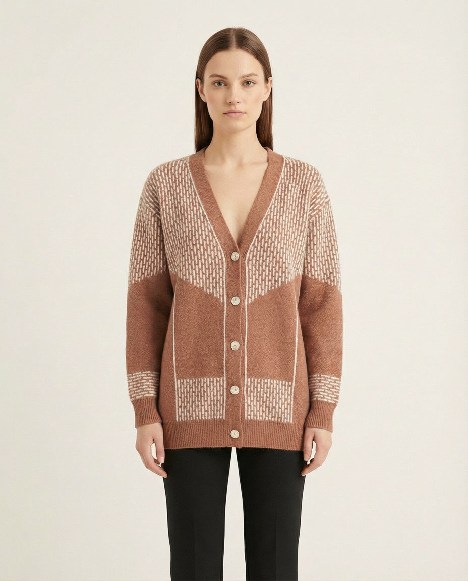 V Yaka Geometrik Desenli Düğmeli Yumuşak Dokulu Kadın Triko Hırka