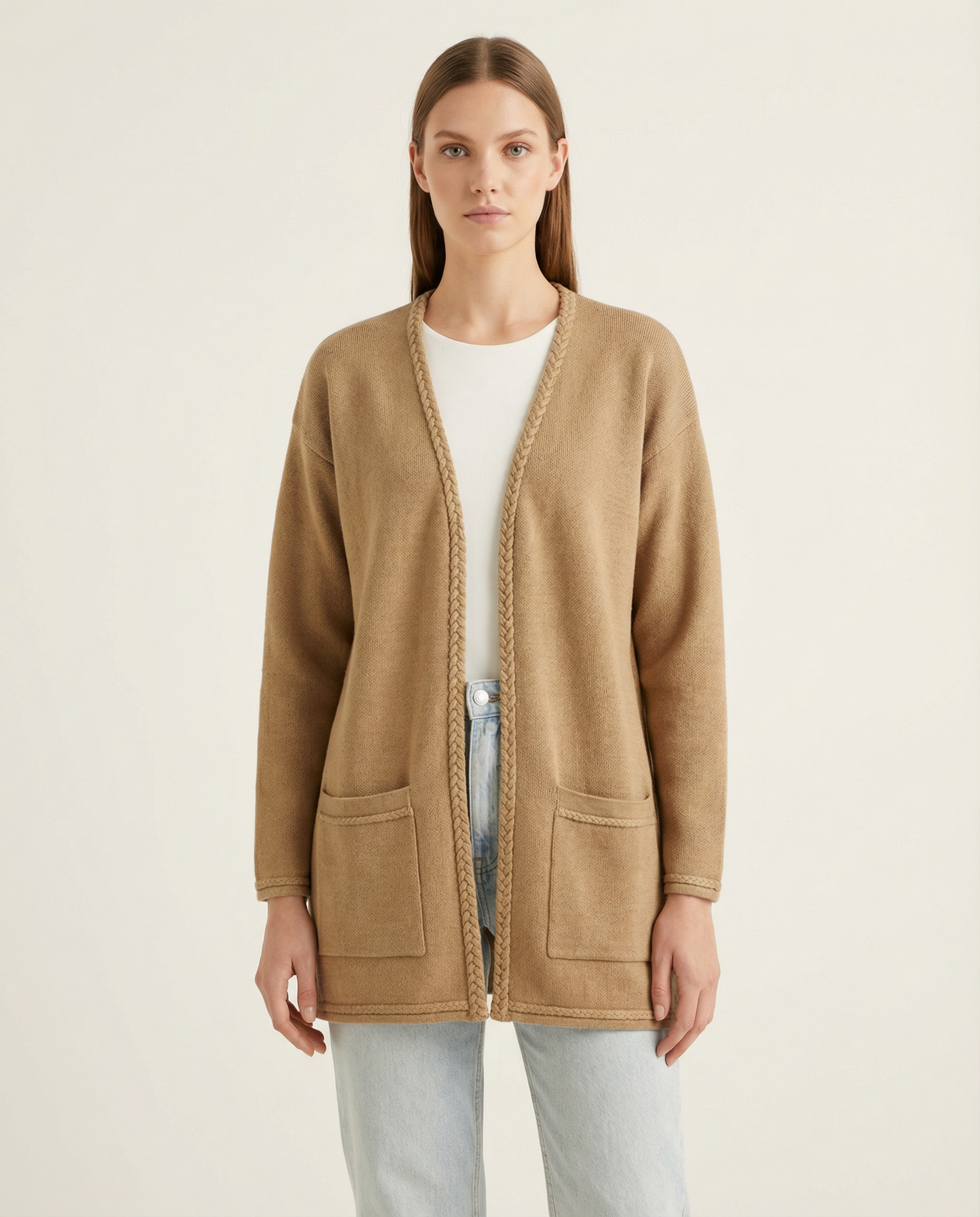 Kadın Rahat Kesim Önü Açık Uzun Triko Hırka