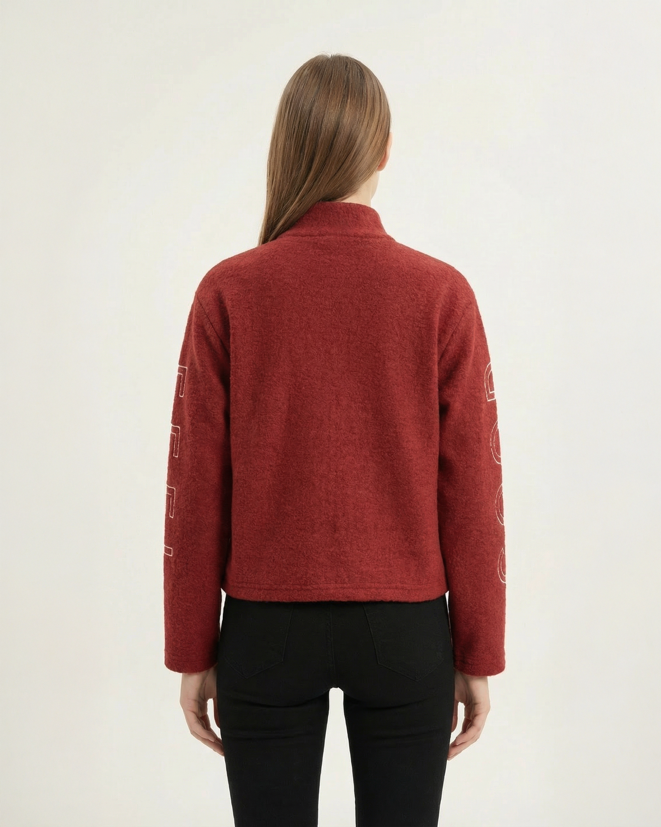 Kadın Bordo Dik Yaka Fermuarlı Good Feel Nakışlı Cepli Buklet Ceket