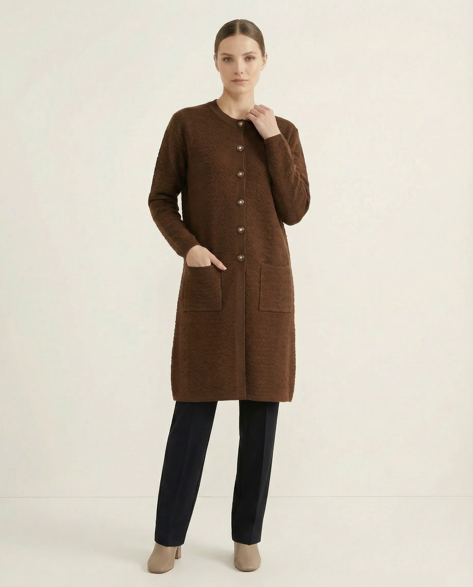 Kadın Bisiklet Yaka Düğmeli Cepli Desenli Uzun Triko Hırka