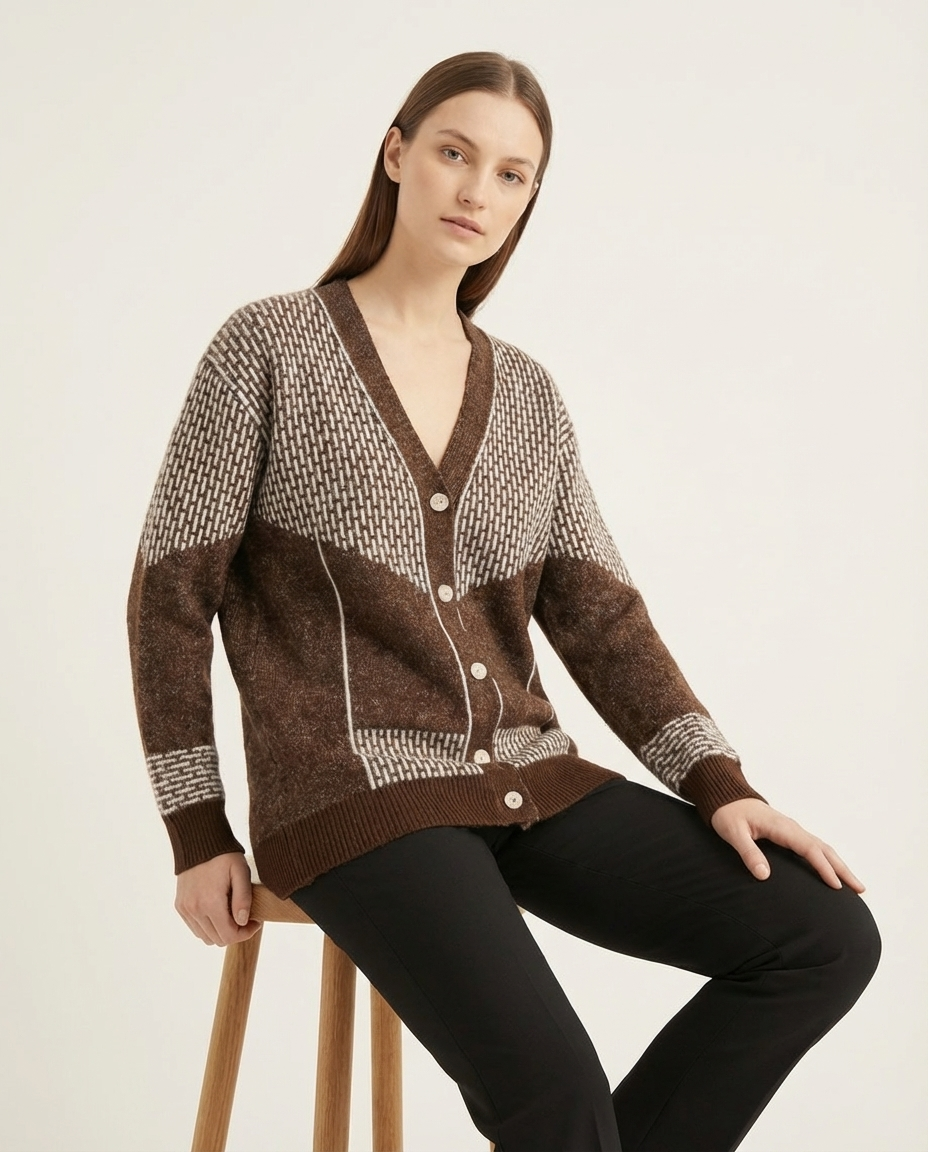 V Yaka Geometrik Desenli Düğmeli Yumuşak Dokulu Kadın Triko Hırka