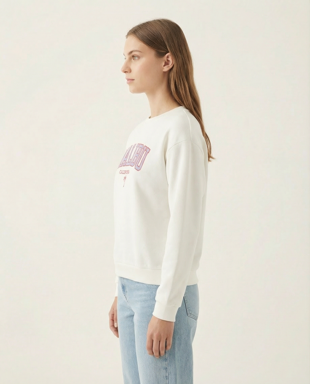 Baskılı Bisiklet Yaka Pamuklu Kadın Sweatshirt